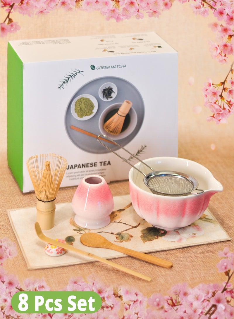 أدوات ماتشا، مجموعة ماتشا مكونة من 8 قطع، طقم خفاقة ماتشا وردية اللون - وعاء سيراميك متدرج الألوان مع فوهة، خفاقة وحامل من الخيزران، مغرفة من الخيزران، حامل مغرفة، ملعقة خشبية، منخل وحصيرة شاي - طقم ماتشا كامل وهدية مثالية لمحبي الماتشا، مستوحاة من أزهار الكرز - Image 1