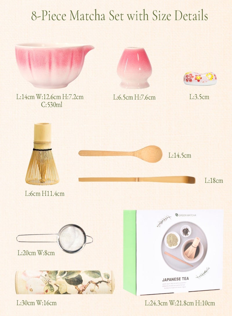 أدوات ماتشا، مجموعة ماتشا مكونة من 8 قطع، طقم خفاقة ماتشا وردية اللون - وعاء سيراميك متدرج الألوان مع فوهة، خفاقة وحامل من الخيزران، مغرفة من الخيزران، حامل مغرفة، ملعقة خشبية، منخل وحصيرة شاي - طقم ماتشا كامل وهدية مثالية لمحبي الماتشا، مستوحاة من أزهار الكرز - Image 5