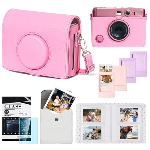 CAIYOULE Camera Case for Fuji Instax Mini EVO Instant Film Camera, Retro Leather Carrying Bag for Mini EVO with Picture Frame, 64 Photo Album, Adjustable Strap and Screen Protector, Pink, No Camera - Image 1