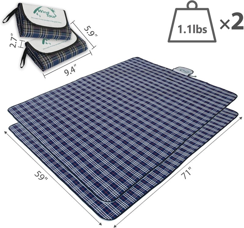 Wind Tour Waterproof Picnic Blanket with Carry Strap - Foldable Sandproof Outdoor Mat for Camping, Beach, Park - 59" x 71",Navy Blue(Two Mat Set) - Image 3