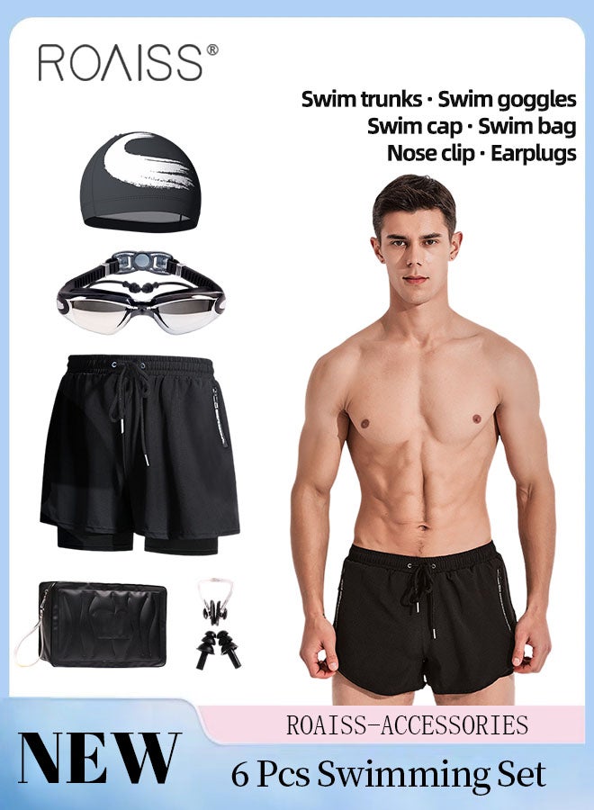 roaiss 6 Pcs Swimming Goggle Set for Men, HD Waterproof Swimming Goggle, Outdoor Beach Swimming Gear with Swimming Trunk, Swimming Goggle, Swimming Cap, Swimming Bag, Nose Clip, Earplugs - Image 1