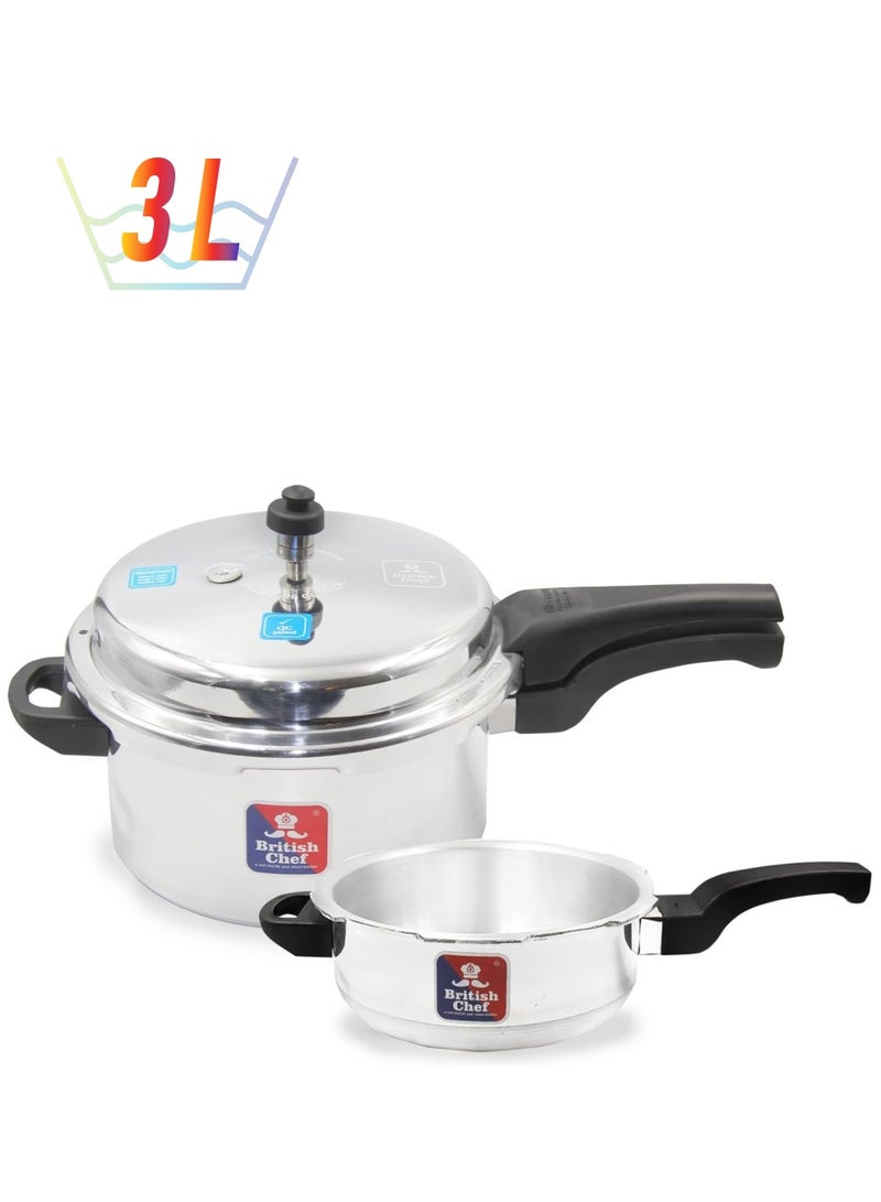 British Chef Aluminum Pressure Cooker 5L+3L with Heat-Resistant Handles, Durable High Quality Aluminum Body with Secure Lid and Valve BC216 - Image 1