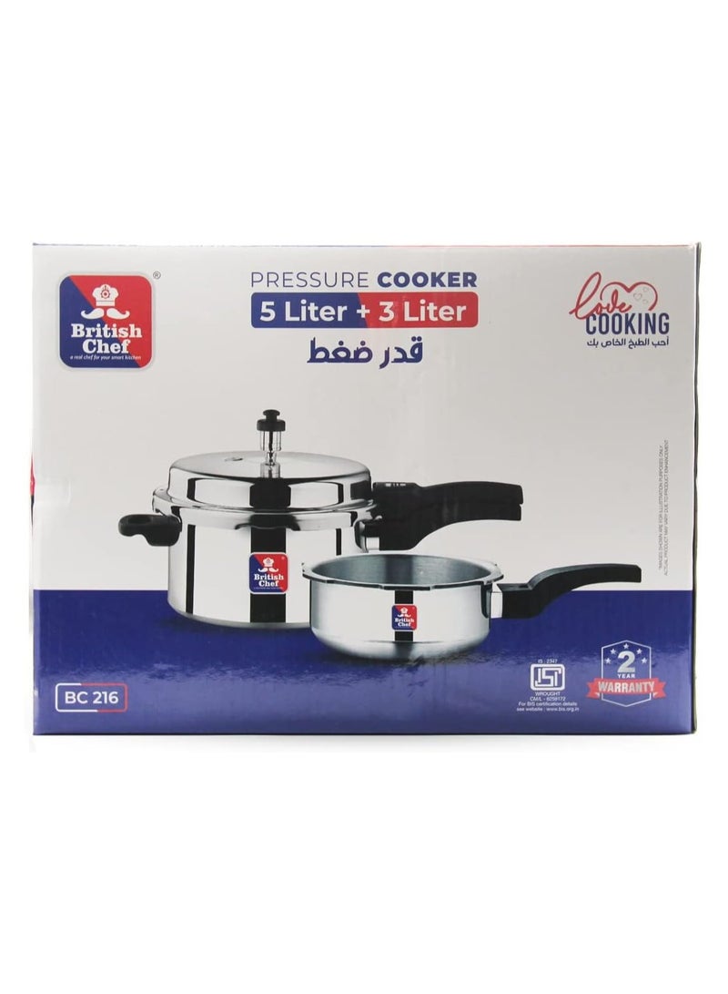 British Chef Aluminum Pressure Cooker 5L+3L with Heat-Resistant Handles, Durable High Quality Aluminum Body with Secure Lid and Valve BC216 - Image 5