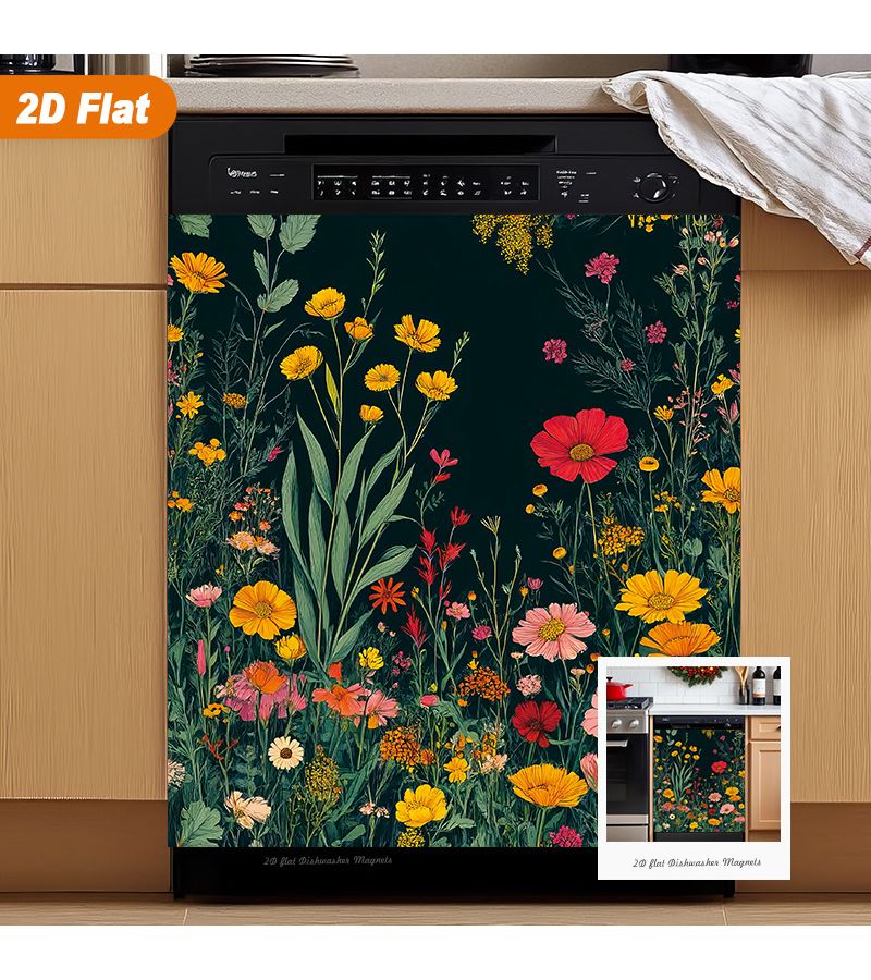 1pc Vibrant Floral Pattern Dishwasher Door Cover Sticker 23 03x25 59inch Waterproof Heat Resistant Easy to Clean Reusable PVC Decorative Cover for Refrigerator Dryer Washing Machine Dishwasher Accessories - Image 2