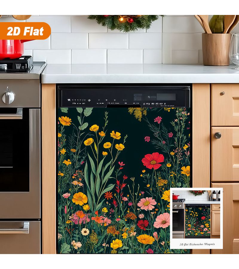 1pc Vibrant Floral Pattern Dishwasher Door Cover Sticker 23 03x25 59inch Waterproof Heat Resistant Easy to Clean Reusable PVC Decorative Cover for Refrigerator Dryer Washing Machine Dishwasher Accessories - Image 1