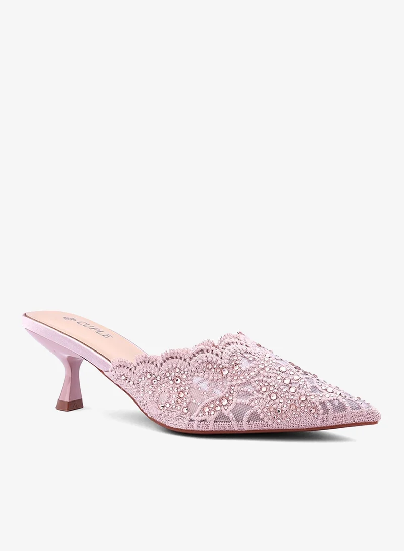 Cuple Womens lacy mesh pattern heeled mules