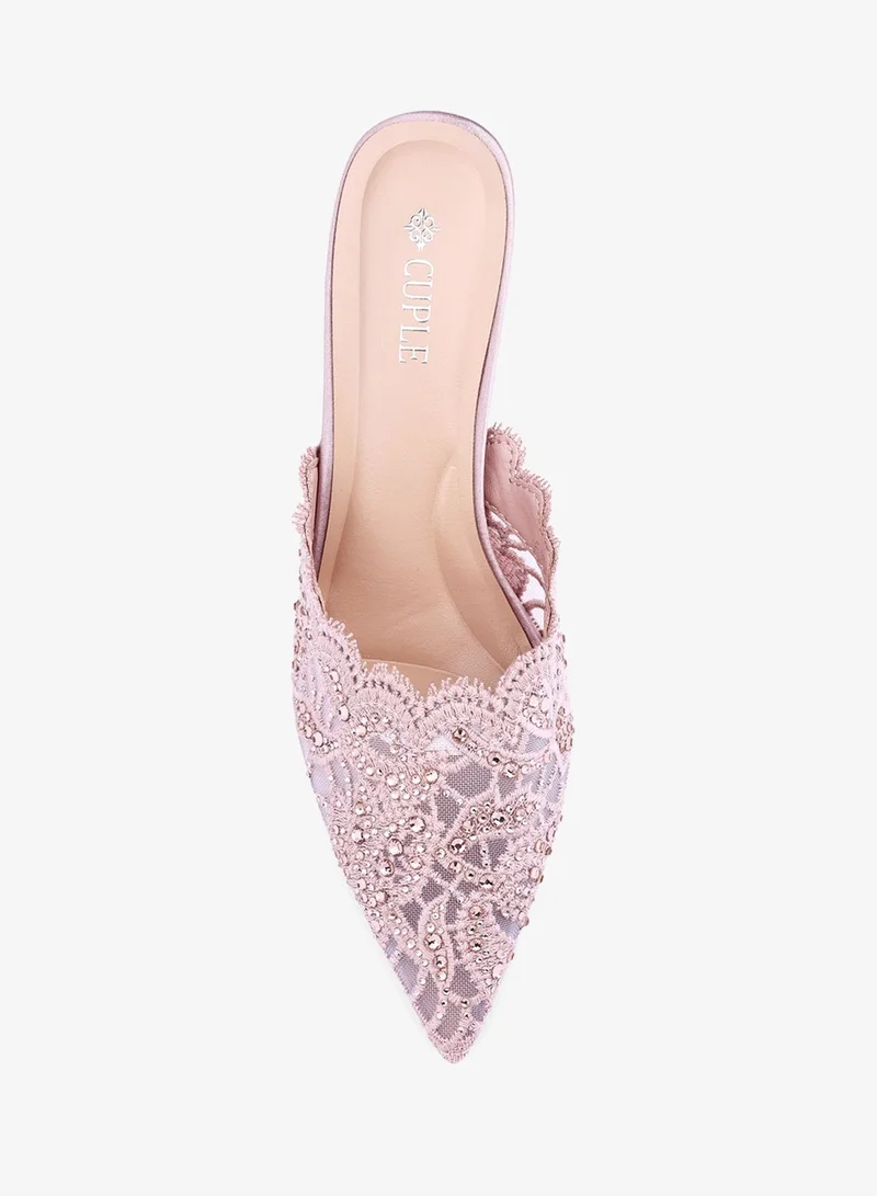 Cuple Nude Womens lacy mesh pattern heeled mules for Women | Best Price UAE