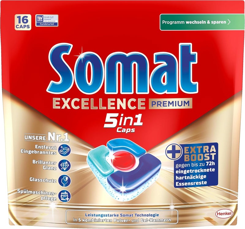 Somat كبسولات سومات إكسيلنس بريميوم 5 في 1 (16 قرص)، أقراص غسالة أطباق سريعة الذوبان مع دفعة إضافية حتى في درجات الحرارة المنخفضة، البرامج القصيرة والاقتصادية، تزيل حتى بقايا الطعام الجافة لمدة 72 ساعة - Image 2