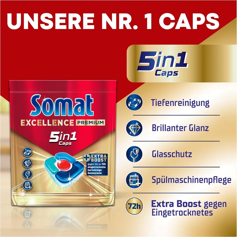 Somat كبسولات سومات إكسيلنس بريميوم 5 في 1 (16 قرص)، أقراص غسالة أطباق سريعة الذوبان مع دفعة إضافية حتى في درجات الحرارة المنخفضة، البرامج القصيرة والاقتصادية، تزيل حتى بقايا الطعام الجافة لمدة 72 ساعة - Image 4