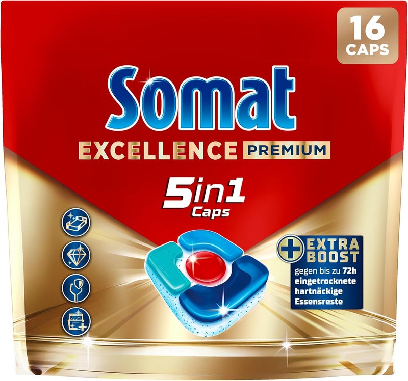 Somat كبسولات سومات إكسيلنس بريميوم 5 في 1 (16 قرص)، أقراص غسالة أطباق سريعة الذوبان مع دفعة إضافية حتى في درجات الحرارة المنخفضة، البرامج القصيرة والاقتصادية، تزيل حتى بقايا الطعام الجافة لمدة 72 ساعة - Image 1