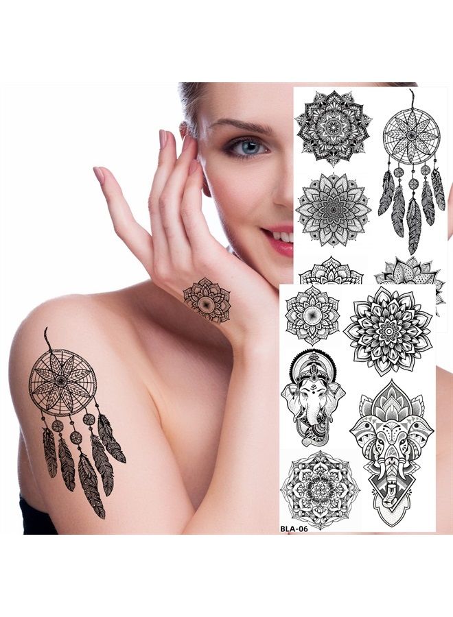 Kotbs 8 Sheets Black Henna Tattoos, Realistic Temporary Tattoos for Women Girls, Lace Mehndi Mandala Lotus Feather Dreamcatcher Pattern Fake Tattoo  - Image 4