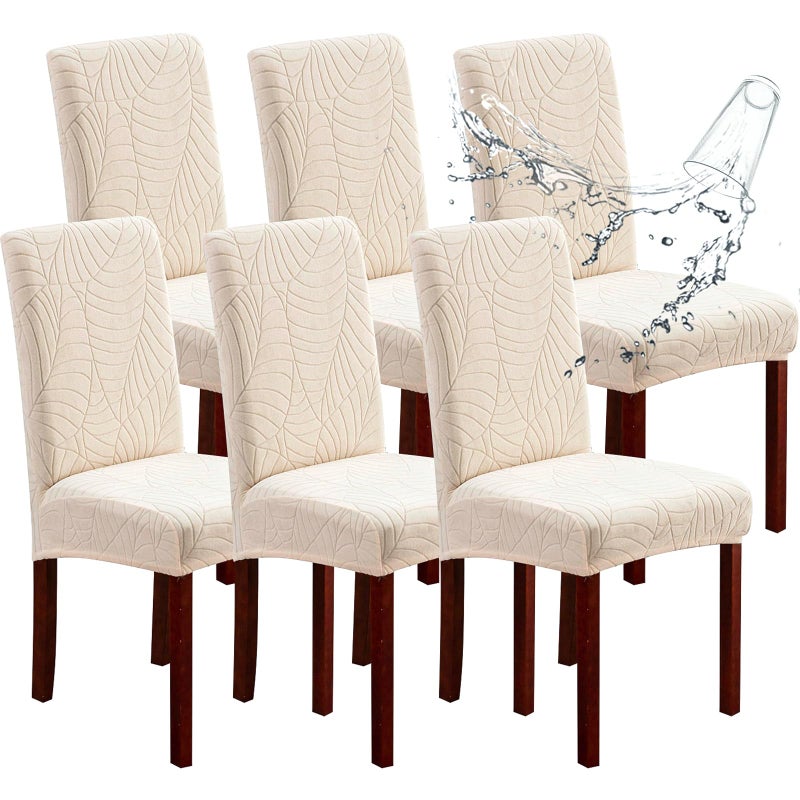 Genina Waterproof Chair Covers for Dining Room 6 Pack Dining Chair Cover Removable Parson Chair Slipcover Chair Protectors Covers for Kitchen LeavesBeige 6 PCS
