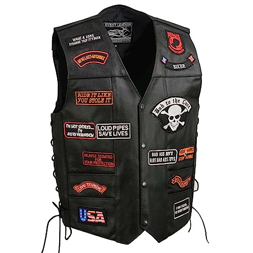 EVENT LEATHER ELM3920 Men's Black Leather Pre-Patched Bikers Vest w/ 6 Pockets - 23 Patches and Side Laces - 3X-Large - Image 5