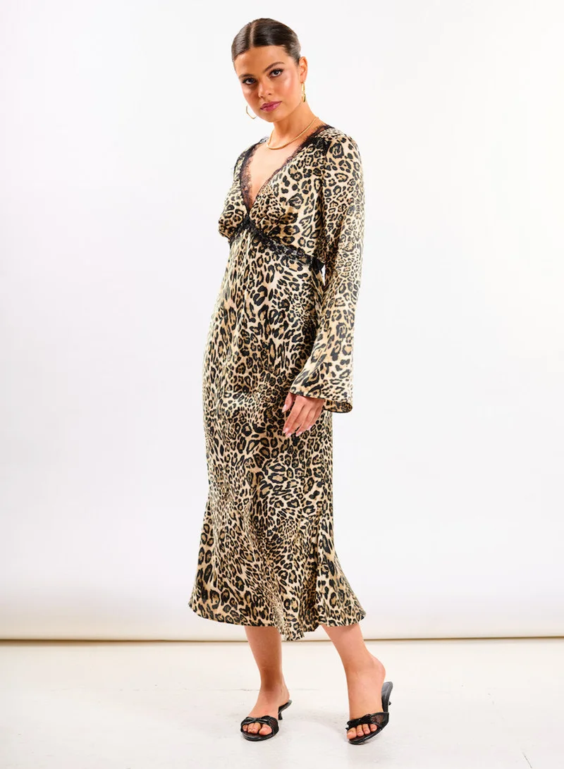 Leopard Long Sleeve Lace Midi Dress