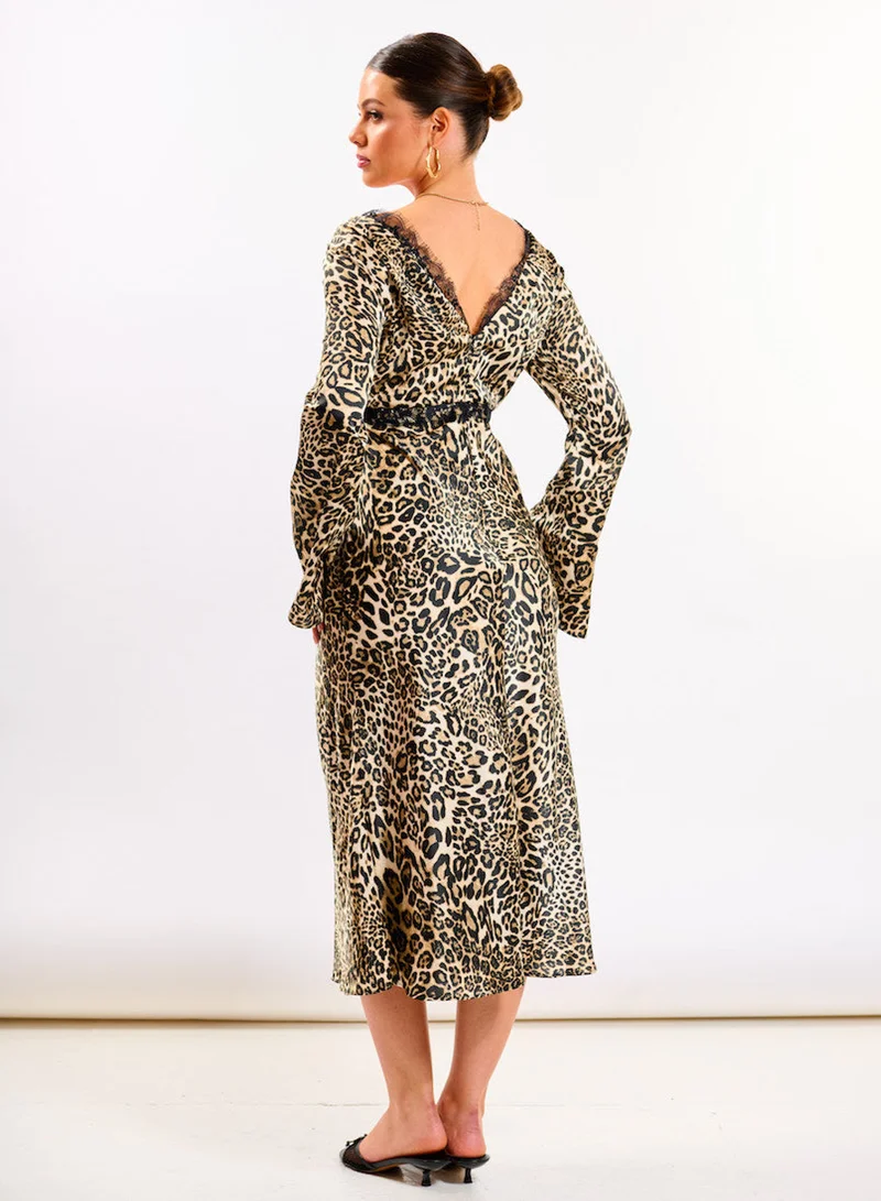 Needs No Label  Leopard Long Sleeve Lace Midi Dress for Women | Best Price UAE