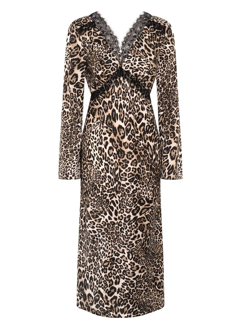 Needs No Label  Leopard Long Sleeve Lace Midi Dress for Women | Best Price UAE