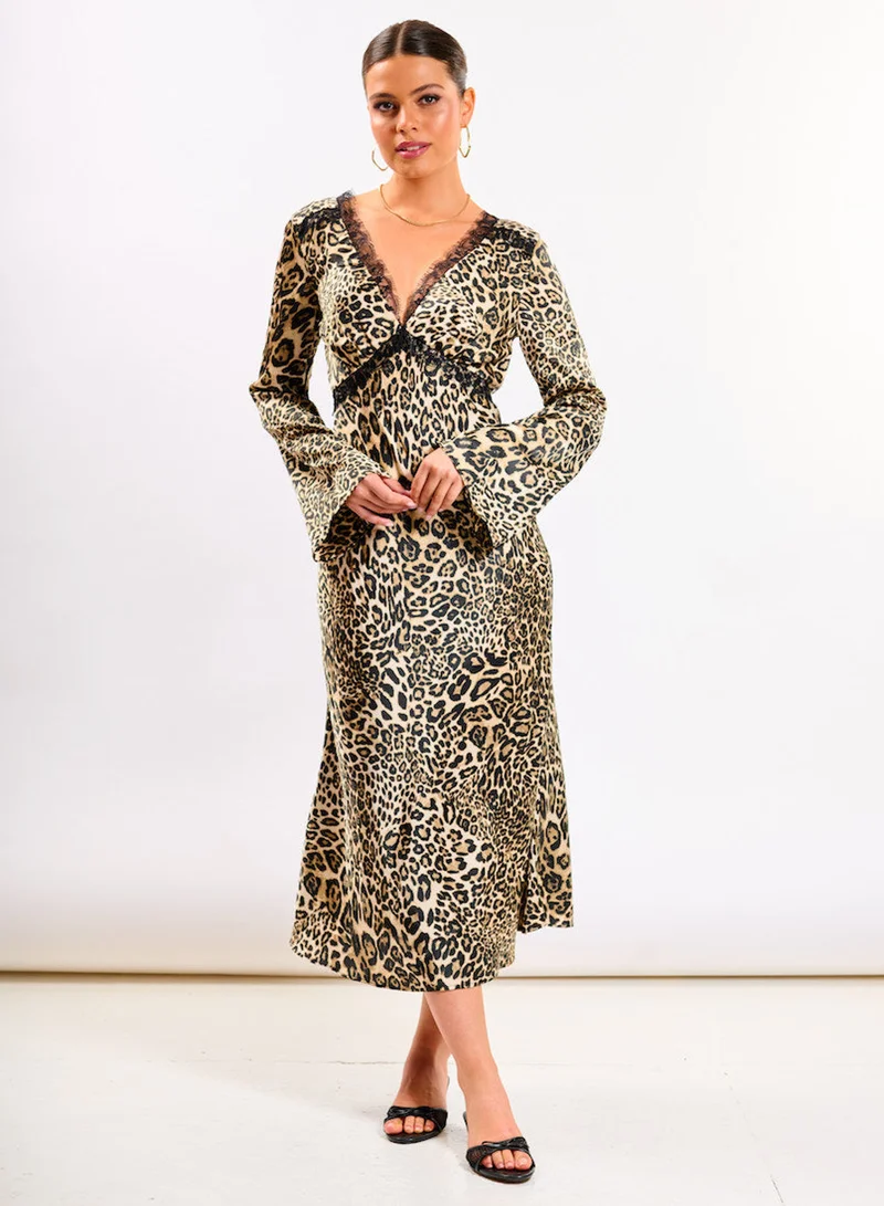 Needs No Label  Leopard Long Sleeve Lace Midi Dress for Women | Best Price UAE
