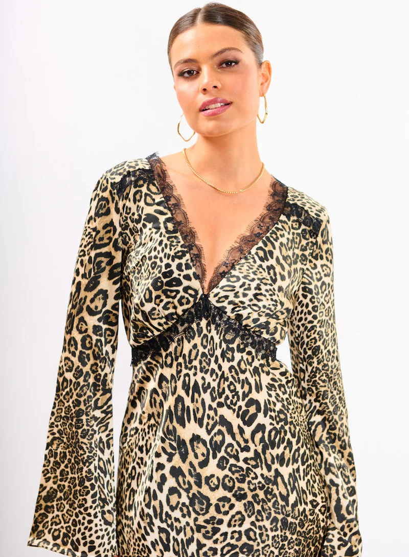 Needs No Label  Leopard Long Sleeve Lace Midi Dress for Women | Best Price UAE