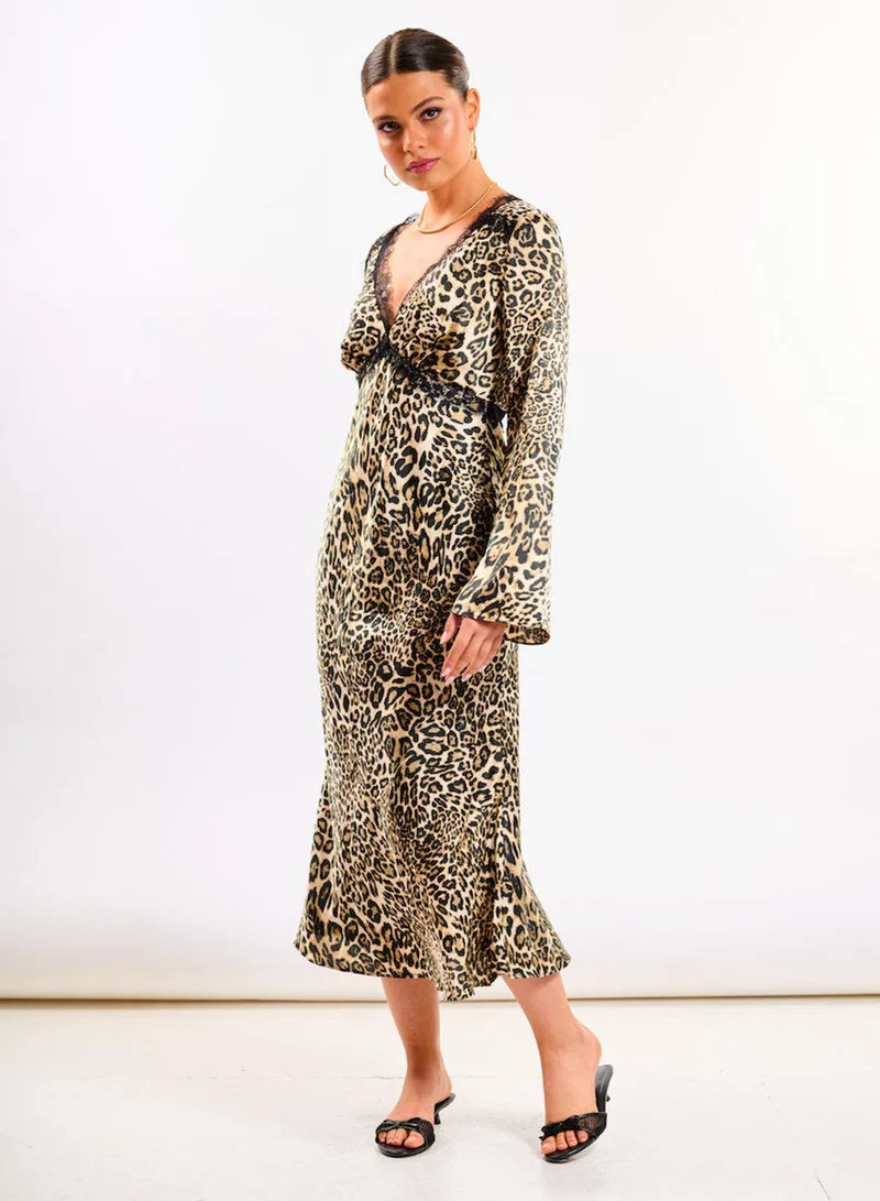Needs No Label Leopard Long Sleeve Lace Midi Dress