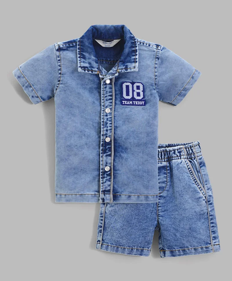Bonfino Bonfino Woven 100% Cotton Denim Shirt & Shorts Set with Number Embroidery - Blue