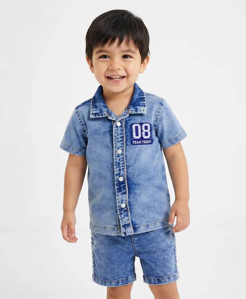 Bonfino Bonfino Woven 100% Cotton Denim Shirt & Shorts Set with Number Embroidery - Blue