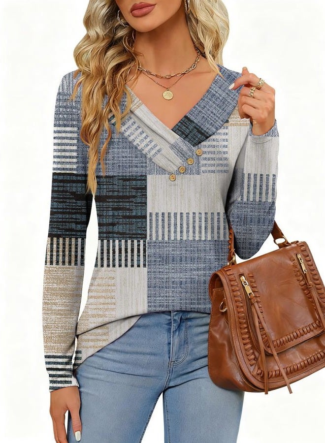 FMEYOA Women's Fall Long Sleeve Tunic Tops for Leggings Pleated V Neck Button Casual Blouse Graphic Printed Sweatshirt, Blue Brown Stripe, L - Image 5