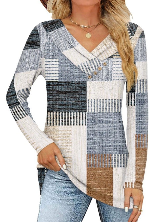 FMEYOA Women's Fall Long Sleeve Tunic Tops for Leggings Pleated V Neck Button Casual Blouse Graphic Printed Sweatshirt, Blue Brown Stripe, L - Image 1