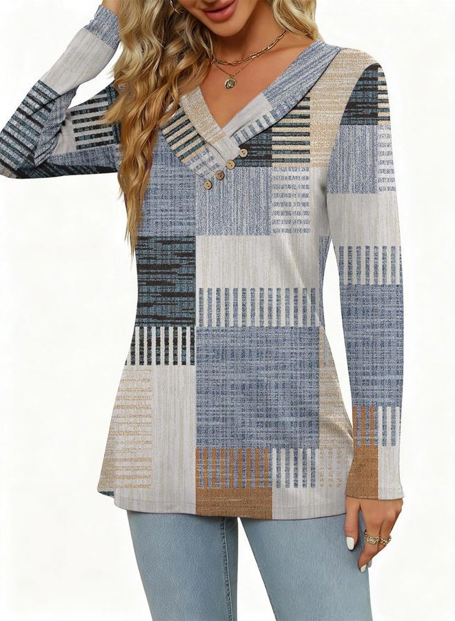 FMEYOA Women's Fall Long Sleeve Tunic Tops for Leggings Pleated V Neck Button Casual Blouse Graphic Printed Sweatshirt, Blue Brown Stripe, L - Image 4