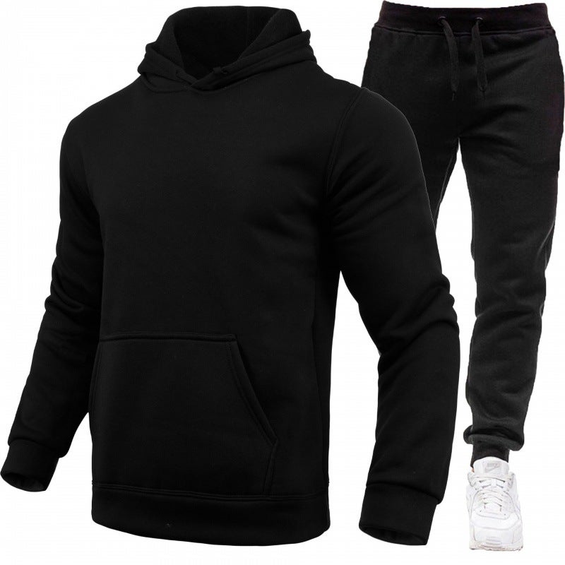 2024 Fall/Winter Cross-border Mens and Womens Leisure European Code Blank Solid Color suit Fleece Loose Sweatpants Two-piece Set black 