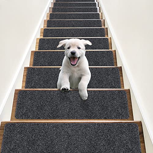RIOLAND Non-Slip Stair Treads Carpet Indoor 14 Pack Stair Rugs for Wooden Steps Anti Moving Stair Runners Safety for Dogs Elders and Kids, 8” x 30”, Dark Grey - Image 1