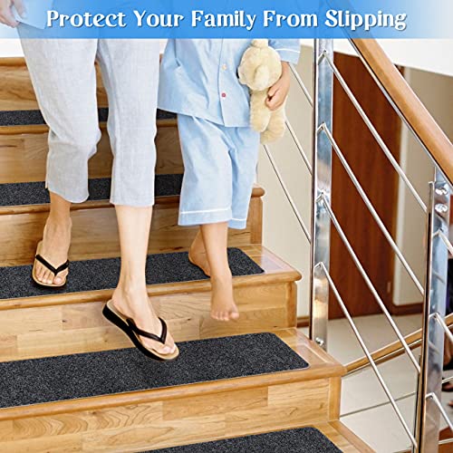 RIOLAND Non-Slip Stair Treads Carpet Indoor 14 Pack Stair Rugs for Wooden Steps Anti Moving Stair Runners Safety for Dogs Elders and Kids, 8” x 30”, Dark Grey - Image 2