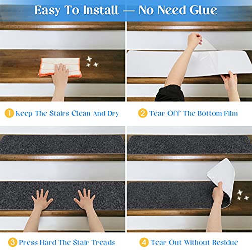 RIOLAND Non-Slip Stair Treads Carpet Indoor 14 Pack Stair Rugs for Wooden Steps Anti Moving Stair Runners Safety for Dogs Elders and Kids, 8” x 30”, Dark Grey - Image 3