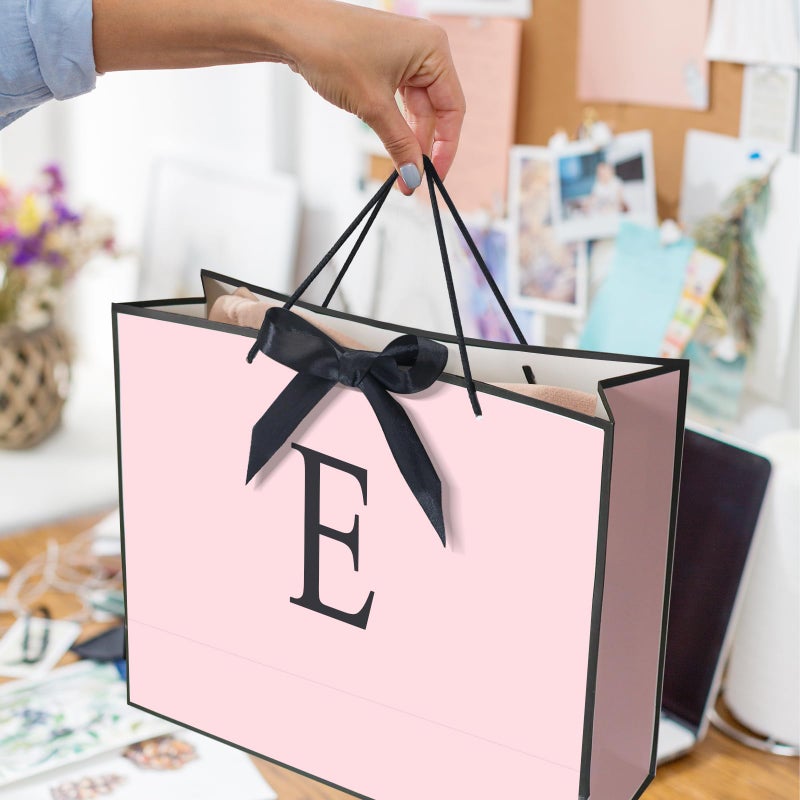 QLSKO Personalized Initial Paper Bag for Women Grils,Monogrammed Gift Bag with Bow Ribbon,Wrapping Tissue and Card Matching Envelope Sticker (Pink, E-Medium) - Image 5