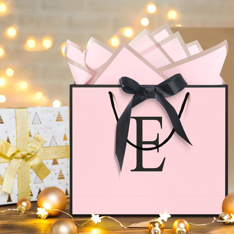 QLSKO Personalized Initial Paper Bag for Women Grils,Monogrammed Gift Bag with Bow Ribbon,Wrapping Tissue and Card Matching Envelope Sticker (Pink, E-Medium) - Image 4