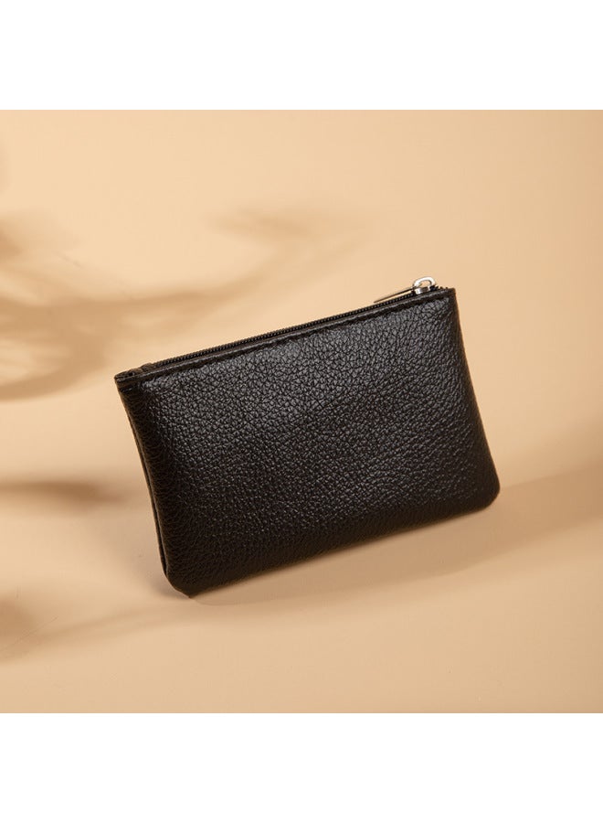 [Unisex] Litchi Zipper Coin Purse Ultra-thin Short Card Coin Key Storage Bag-Color:Black - Image 1