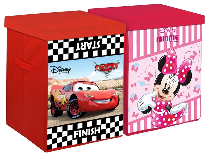 Kuber Industries Disney Cars & Minnie Print Non Woven Fabric Foldable Laundry Basket, Toy Storage Basket, Cloth Storage Basket with Lid & Handles (Set of 2, Black & Pink)-KUBMART10408 - Image 1
