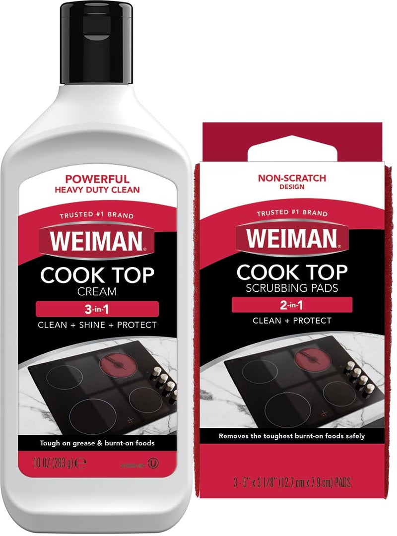 Weiman Ceramic and Glass Cooktop Cleaner - Heavy Duty Cleaner and Polish (10 Ounce Bottle and 3 Scrubbing Pads) - Image 1
