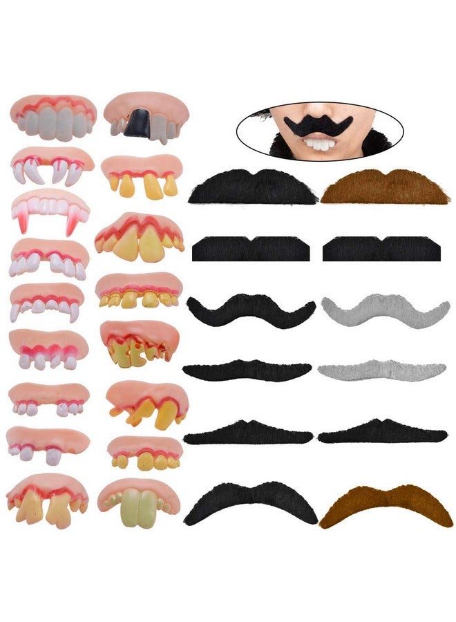 Odowalker 17Pcs Different Style Fake Teeth & 12Pcs Novelty Mustachesfunny Halloween Novelty Billy Bob Teeth Ugly Fake Teeth False Vampire Fangs Props Costume Party Funny Gag Gift. - Image 1