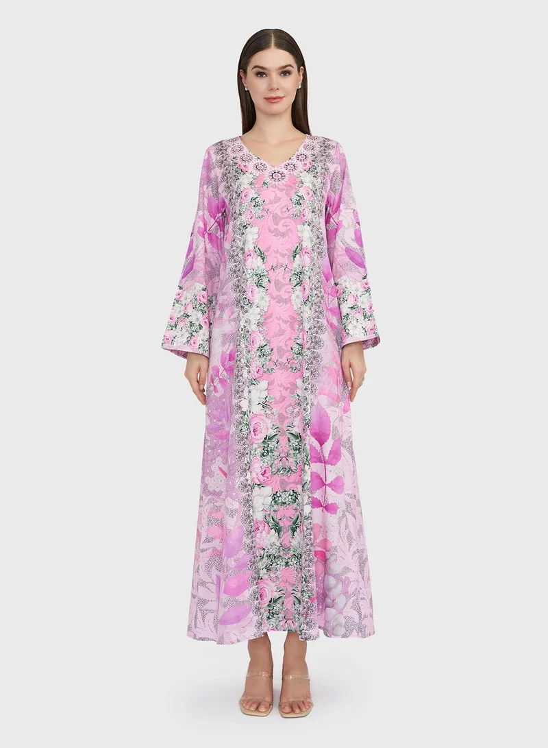 KASHKHA Pink Cotton Satin Foral Digital Print Jalabiya (VDC02)