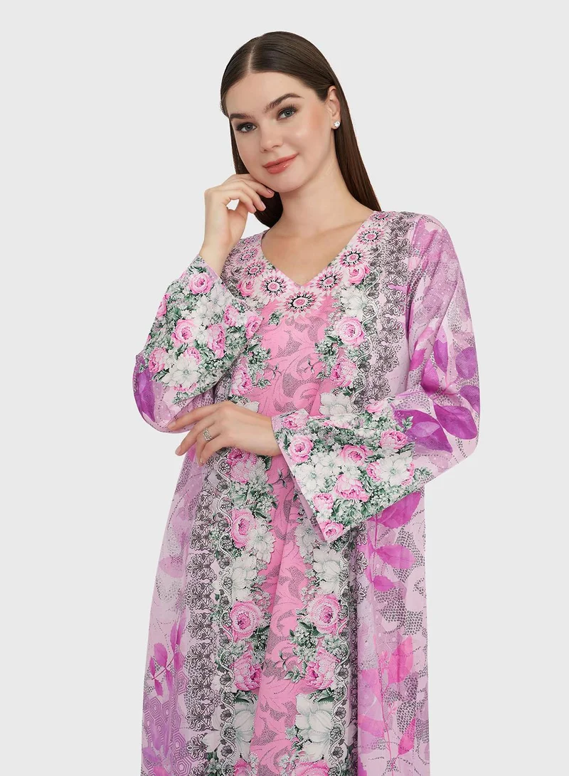 KASHKHA Pink Cotton Satin Foral Digital Print Jalabiya (VDC02)