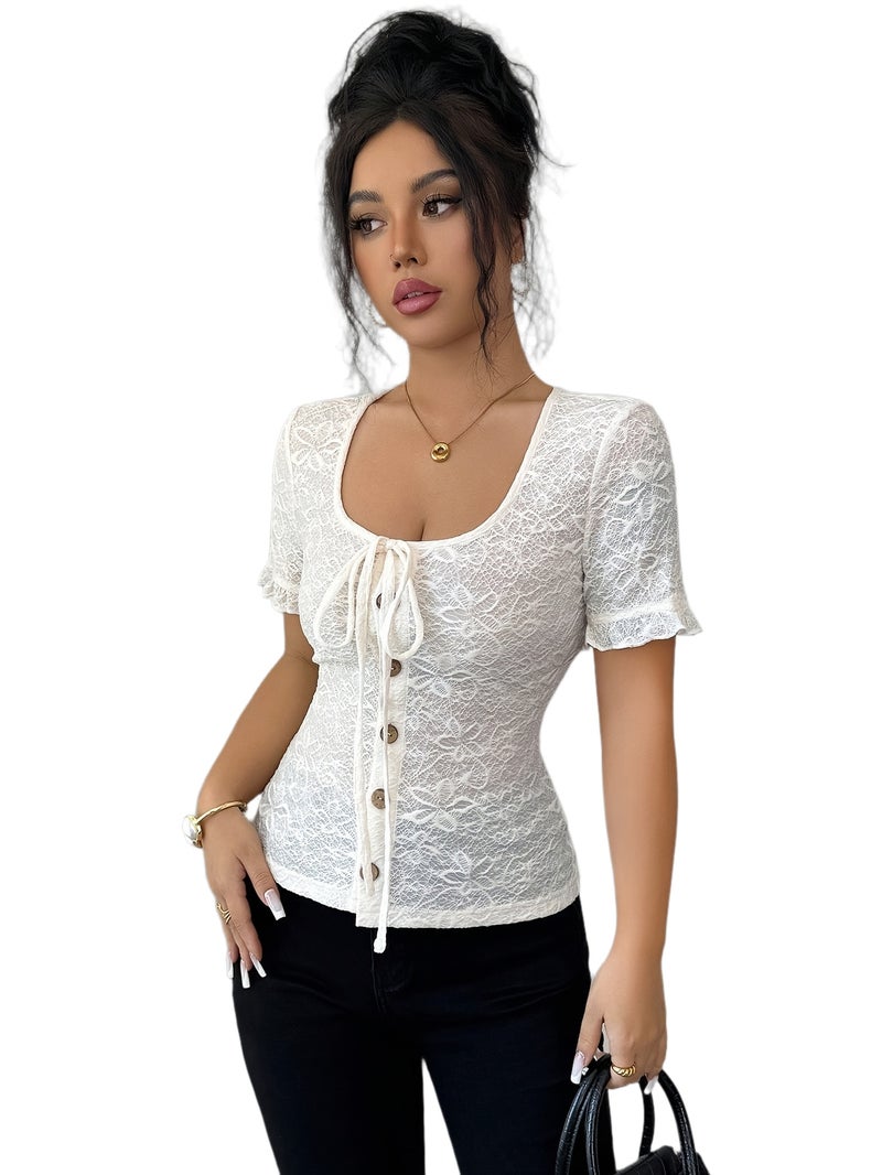 Summer Women's Elegant and Exquisite Slim Fit Square Collar, Waist Cinched, Open Door Placket Strap, Daily Commuting, Dating, Fashionable Apricot T - shirt - Apricot / S - Image 1