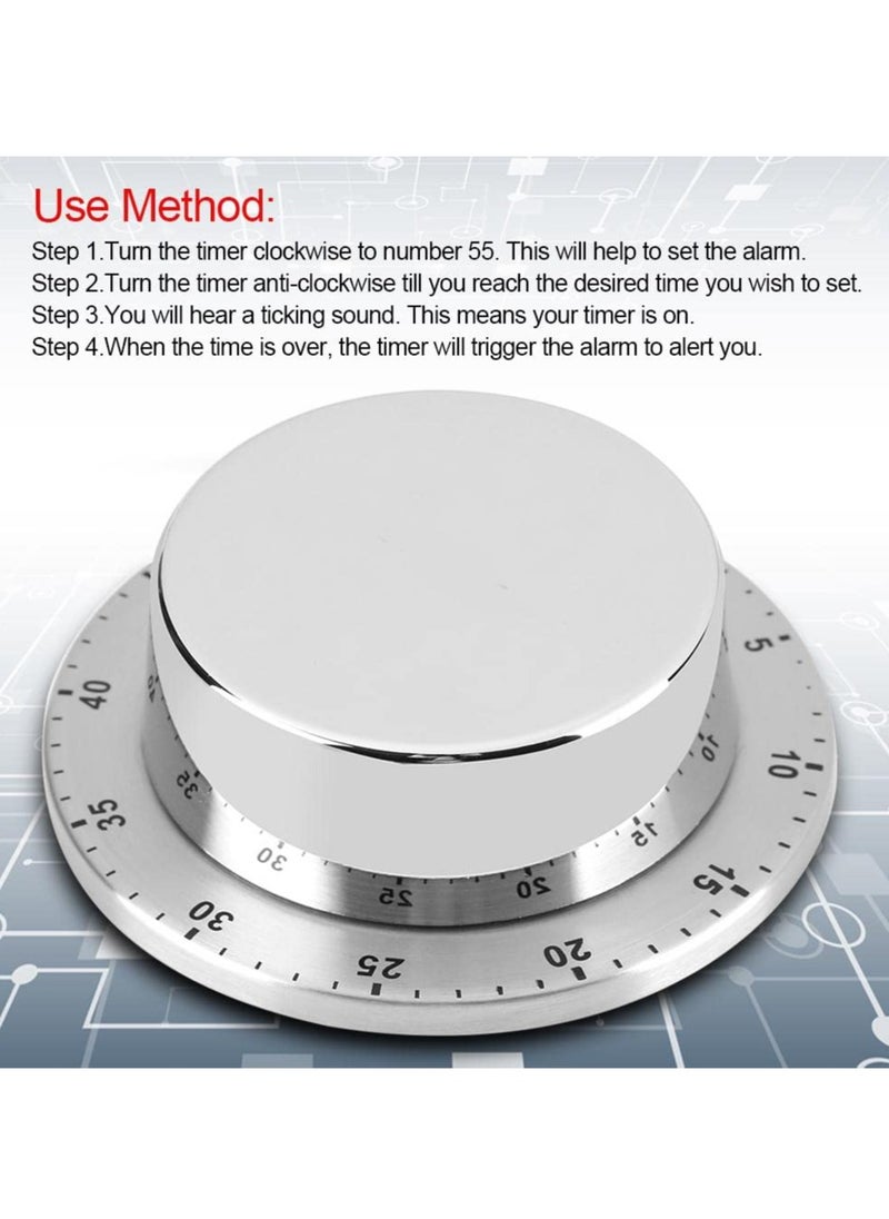 Excefore - Manual Timer, 60 Minute Professional Mechanical Kitchen Timer With Magnetic Base, Countdown Cooking Baking Timing Tool, Loud Alarm Sound And Easy To Stick On Any Surface(Silver) - Image 1