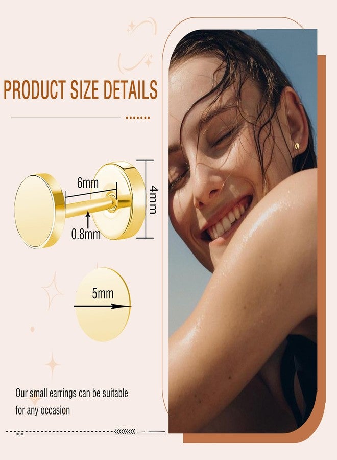 ZDE Women Earrings Flat Back Dot Earrings Titanium Hypoallergenic Cartilage Non-Nickel Earrings Studs for Sensitive Ears Simple Classic 5mm Gold Screw On Stud Earring - Image 3