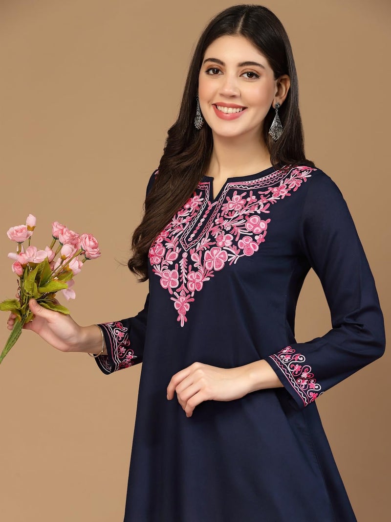 QAZMI Women's Naila Kashmiri A-Line Short Kurti_XL Navy Blue - Image 4