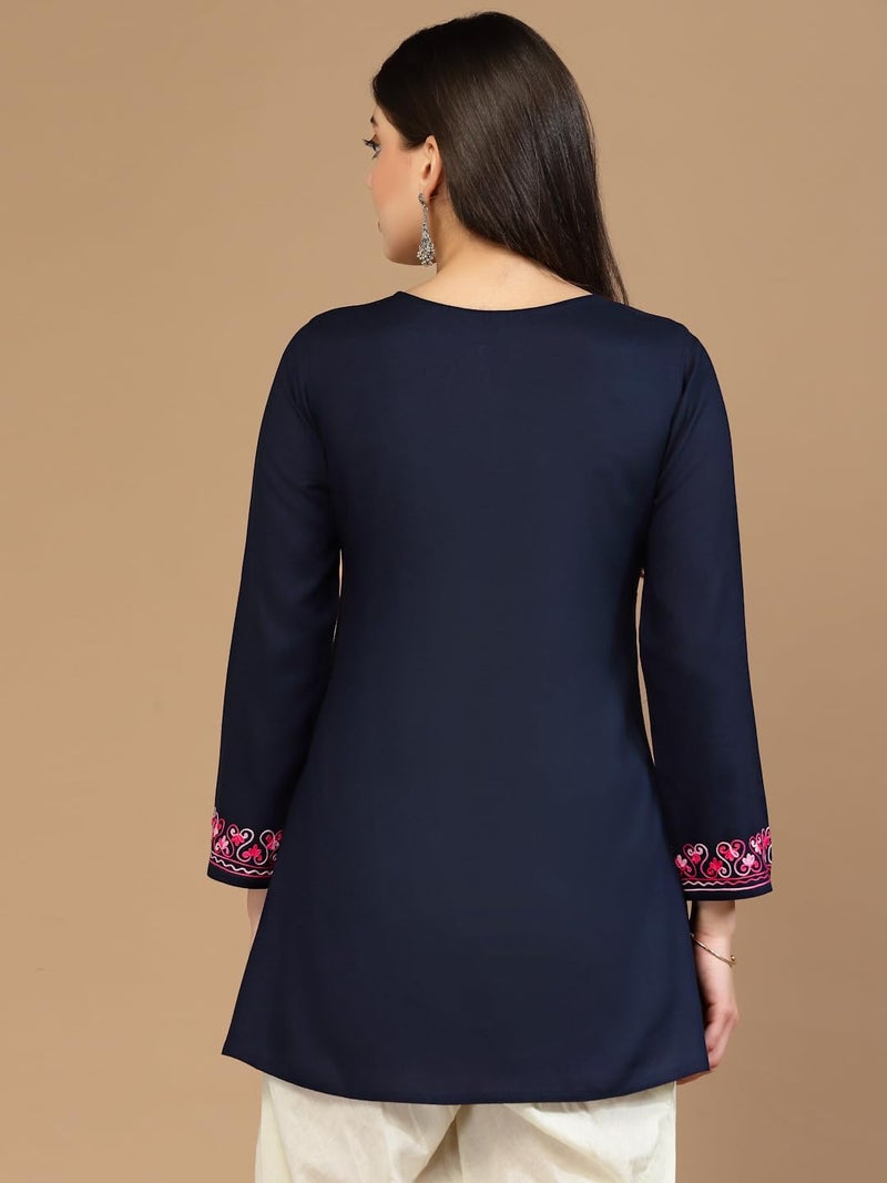 QAZMI Women's Naila Kashmiri A-Line Short Kurti_XL Navy Blue - Image 5