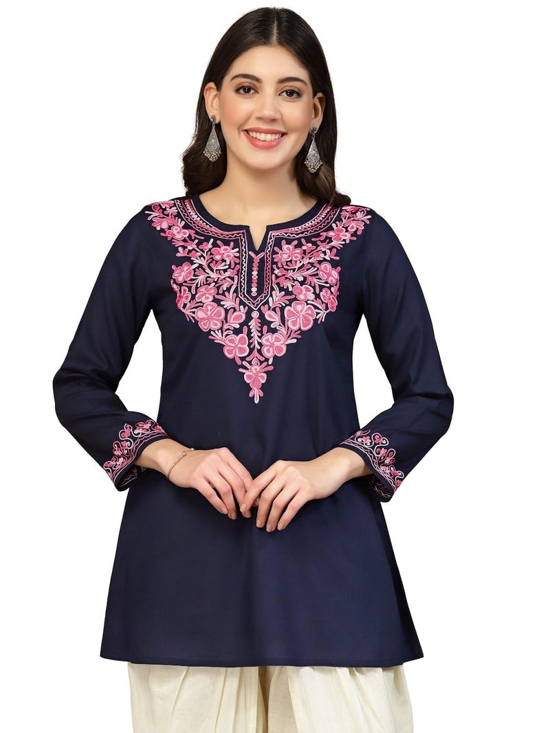 QAZMI Women's Naila Kashmiri A-Line Short Kurti_XL Navy Blue - Image 1