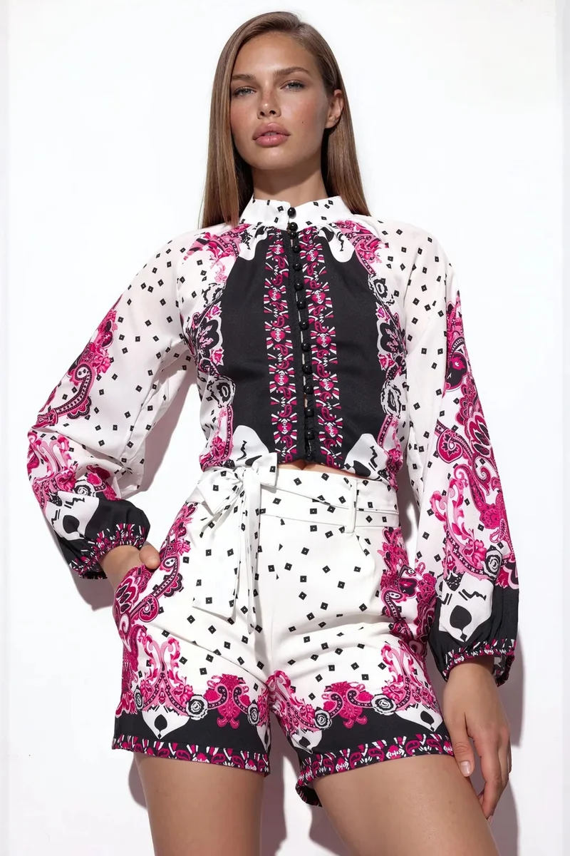 Jennyfer Paisley Tie-front Blouse And Shorts Set