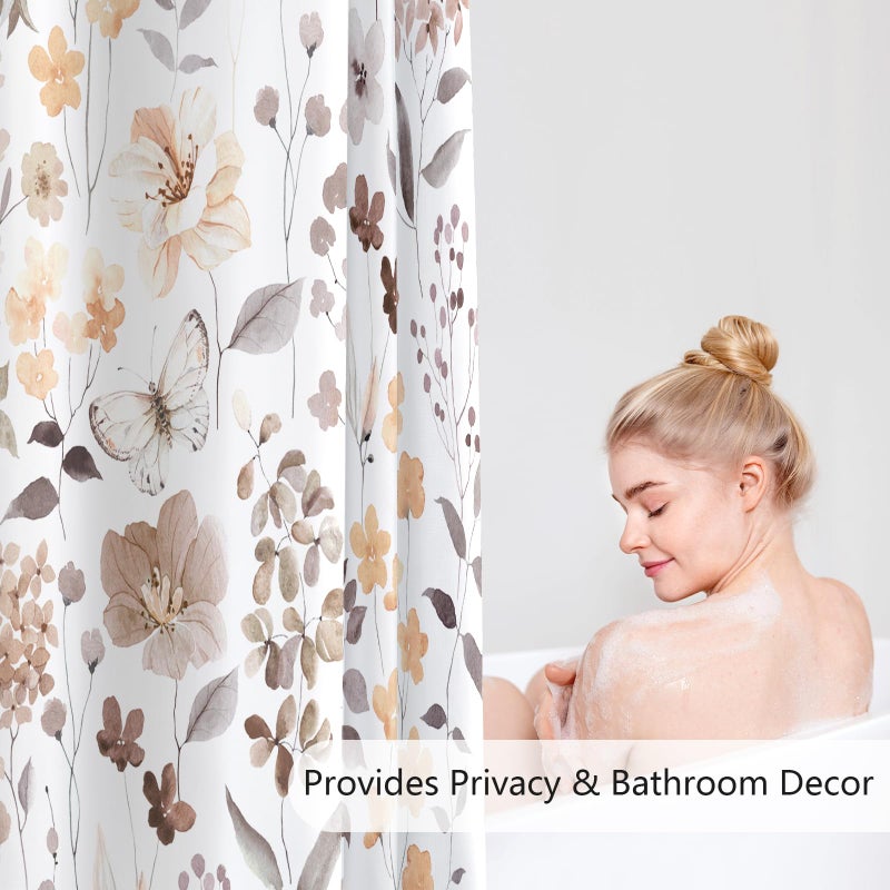 MAYZUS Brown Floral Shower Curtain, Fall Flower Fabric Shower Curtains for Bathroom, Taupe Wildflower Butterfly Cloth Shower Curtain Set with Hooks, 72x72 - Image 3