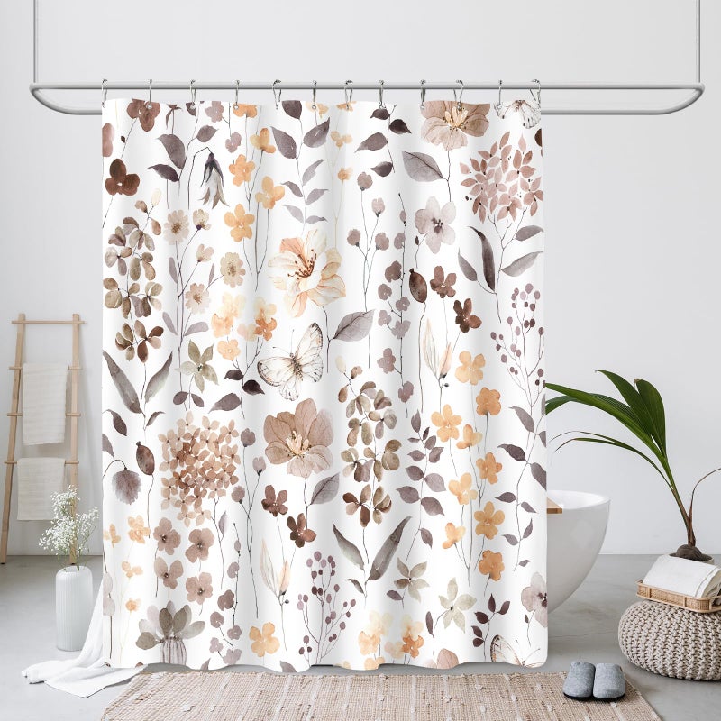 MAYZUS Brown Floral Shower Curtain, Fall Flower Fabric Shower Curtains for Bathroom, Taupe Wildflower Butterfly Cloth Shower Curtain Set with Hooks, 72x72 - Image 2