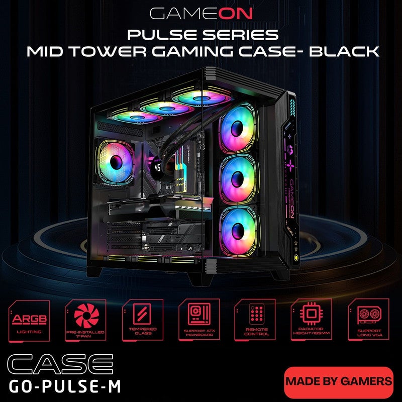 GAMEON GO-PULSE-M Mid Tower Gaming Case with 7 Pre-Installed ARGB PWM Fans, Tempered Glass Side Panel 360mm Liquid Cooling Support, ATX/M-ATX/ITX Compatibility black - Image 2